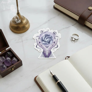 Purple witch hands cradling a crystal ball, kiss-cut sticker by DipaliZ