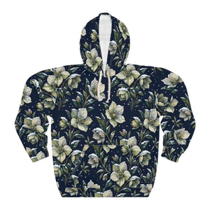 Floral Hoodie — Dark Green Hellebore All-Over Print Pullover