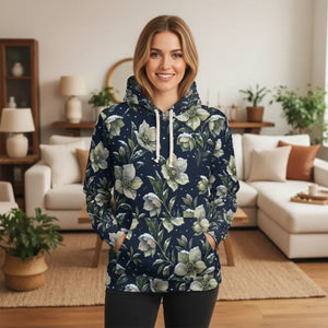 Floral Hoodie — Dark Green Hellebore All-Over Print Pullover