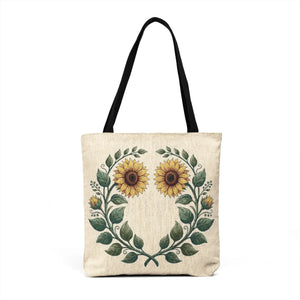 Sunflower Cross-Stitch Woven Tote Bag — Floral Farmhouse Market Tote