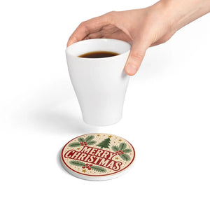Merry Christmas Ceramic Coaster — Retro Holiday Pine & Holly Drink Protector