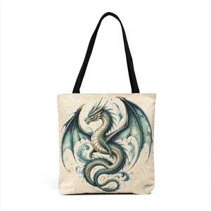 Dragon Woven Tote — Teal Fantasy Dragon Cross-Stitch Style Canvas Bag