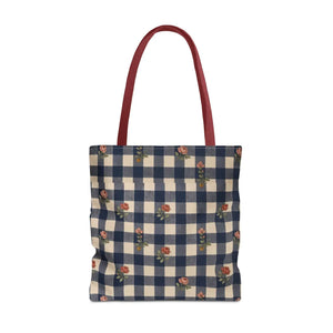 Gingham Rose Tote Bag — Vintage Navy Check Floral All-Over Print Tote