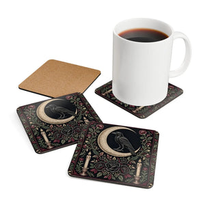 Moon Raven Cork Coaster Set — Gothic Floral Drink Coasters