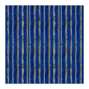 A square fabric or wallpaper swatch featuring a vertical striped pattern with dark blue watercolor-like washes, accented by thin vertical stripes in white, gold, and light blue.