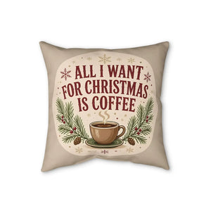 Steaming cup set in place of a word on the DipaliZ Christmas pillow