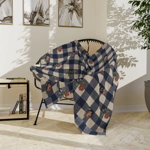 Original DipaliZ gingham and rose artwork on a velveteen blanket