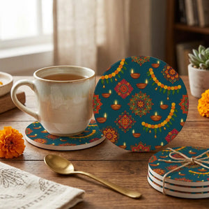 Diwali diyas and marigold mandala ceramic coaster - coasters