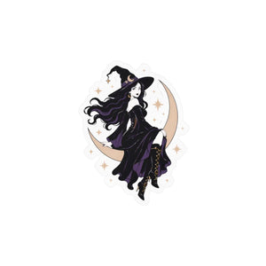 Mystical witch on crescent moon kiss-cut vinyl decal - home decor decals
