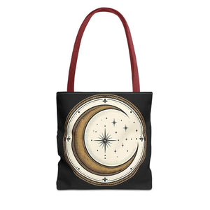 Crescent moon and scattered stars across the canvas panel of a DipaliZ all-over print tote