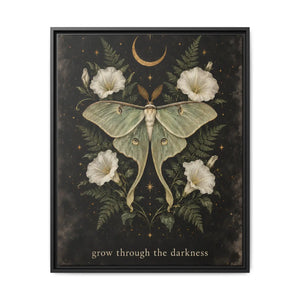 Framed canvas wall art luna moth “grow through the darkness” botanical decor - printable