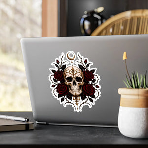 Skull and red roses kiss-cut vinyl decal - home decor decals