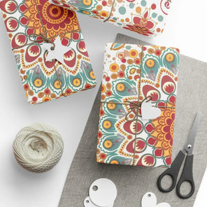 Wrapping Paper Roll — Boho Floral Medallion Gift Wrap (Retro Teal, Mustard & Coral)