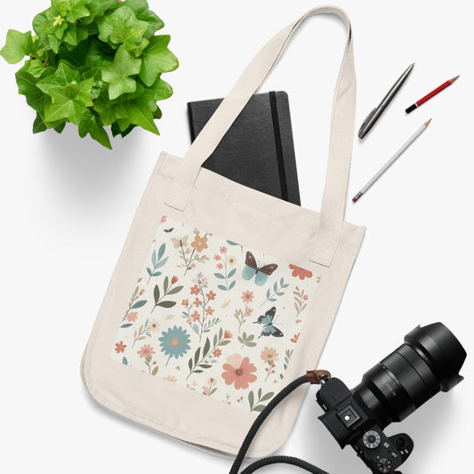 Pastel Flowers and butterflies, Organic Canvas Tote Bag