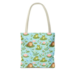 Frog Pond Pattern Tote Bag — Cute Lily Pad Frog All-Over Print Tote