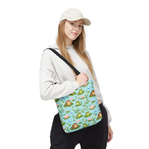 Frog Pond Pattern Tote Bag — Cute Lily Pad Frog All-Over Print Tote