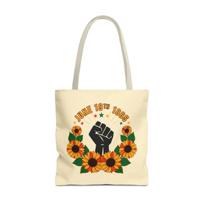 Juneteenth celebration tote bag – ’june 19th 1865’ sunflower & black power fist aop - bags