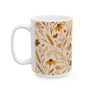 Soft green accents within the DipaliZ autumn wildflower mug print