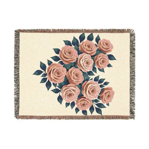 Woven Blanket — Vintage Rose Floral Throw Blanket (Pink & Teal Options)