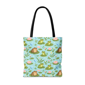 Frog Pond Pattern Tote Bag — Cute Lily Pad Frog All-Over Print Tote