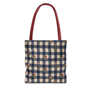 Gingham Rose Tote Bag — Vintage Navy Check Floral All-Over Print Tote