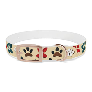 Paw Print Dog Collar — Colorful Red, Teal & Brown Paw Pattern