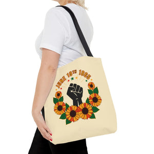 Juneteenth celebration tote bag – ’june 19th 1865’ sunflower & black power fist aop - bags