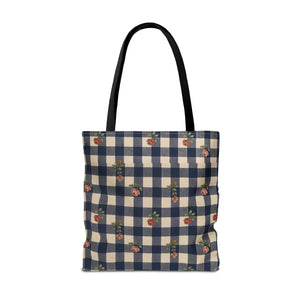 Gingham Rose Tote Bag — Vintage Navy Check Floral All-Over Print Tote