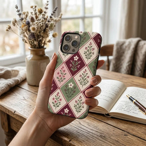 Floral argyle tough case, vintage rose & sage phone cover - mobile cases