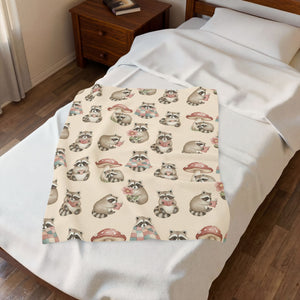 Velveteen Plush Blanket — Cozy Woodland Raccoon & Mushroom Throw