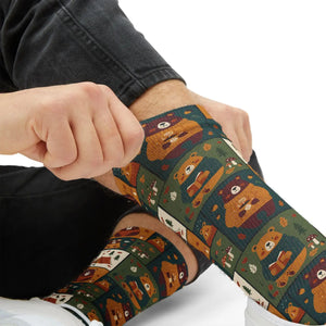 Autumn Patchwork Fox Socks — Cute Fall Animal Sublimation Crew Socks