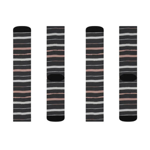 Striped Sublimation Socks — Black, Gray & Rose Crew Socks