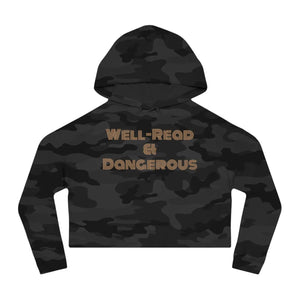 Women’s cropped hooded sweatshirt – black camo “well-read & dangerous” - sweatshirts