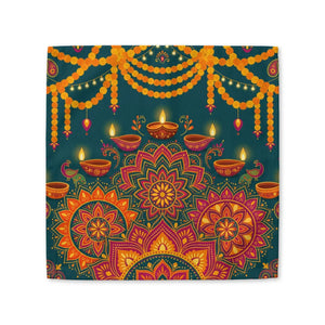 A square decorative print or textile featuring a festive Diwali-inspired design with orange marigold garlands, lit oil lamps, peacocks, and a large central mandala on a dark teal background.