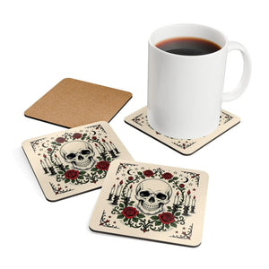 Skull & Roses Cork Coaster Set — Gothic Candlelight Drink Coasters