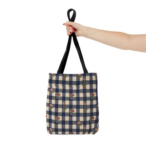 Gingham Rose Tote Bag — Vintage Navy Check Floral All-Over Print Tote