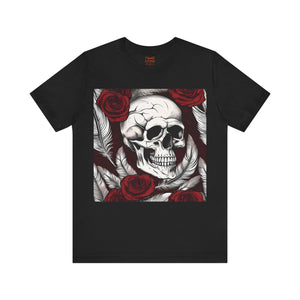 Ghoulish Skulls, Roses and feathers for Halloween concept, Unisex Jersey Short Sleeve Tee