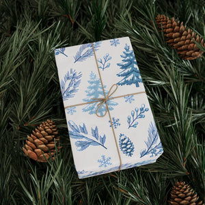 Winter Blue Feather Wrapping Paper Roll — Elegant Feather & Pinecone Gift Wrap