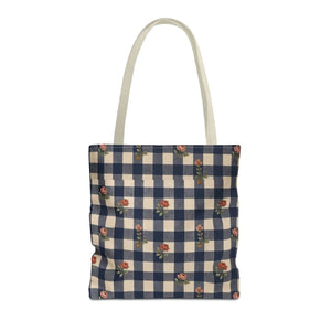 Gingham Rose Tote Bag — Vintage Navy Check Floral All-Over Print Tote