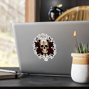 Skull and red roses kiss-cut vinyl decal - home decor decals