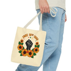 Juneteenth celebration tote bag – ’june 19th 1865’ sunflower & black power fist aop - bags