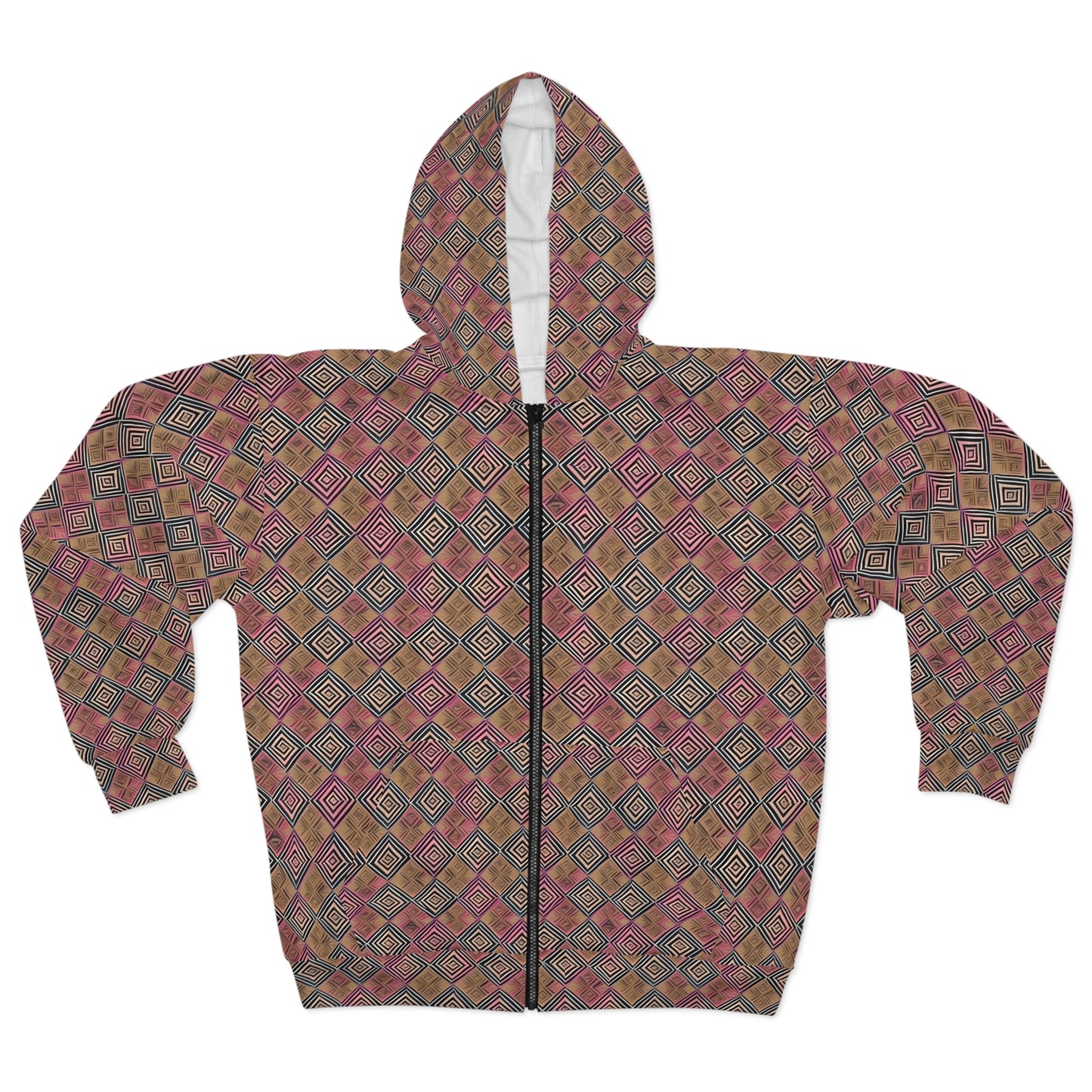 Cozy Up in a Unisex Pink & Brown Checkered Zip Hoodie