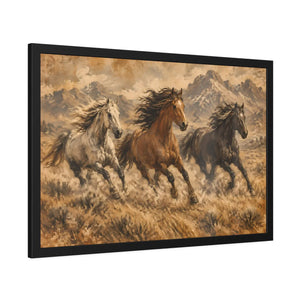 Framed paper poster – wild horses running through mountain landscape - posters