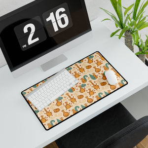 Cute Orange Cat Pattern Desk Mat — Large Playful Mouse & Floral Gaming/Office Desk Pad