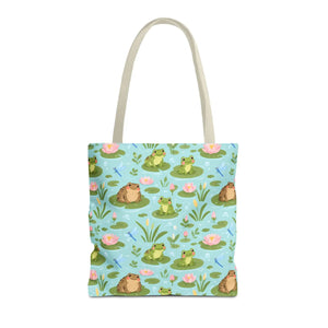Frog Pond Pattern Tote Bag — Cute Lily Pad Frog All-Over Print Tote