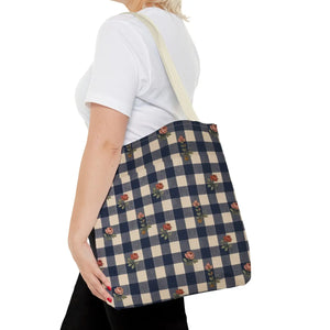 Gingham Rose Tote Bag — Vintage Navy Check Floral All-Over Print Tote
