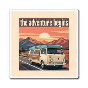 Adventure Begins Van Magnet — Retro Road Trip Camper Fridge Magnet