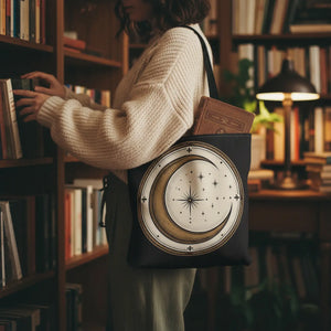Celestial Crescent Moon Tote Bag – Vintage Starry Night AOP Canvas