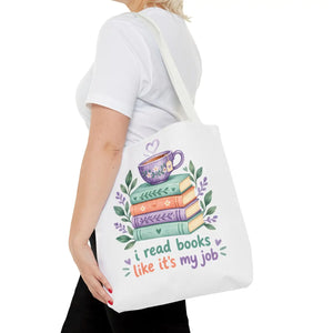 Book Lover Tote Bag — “I Read Books Like It’s My Job” Illustrated Stack & Tea