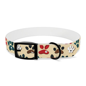 Paw Print Dog Collar — Colorful Red, Teal & Brown Paw Pattern